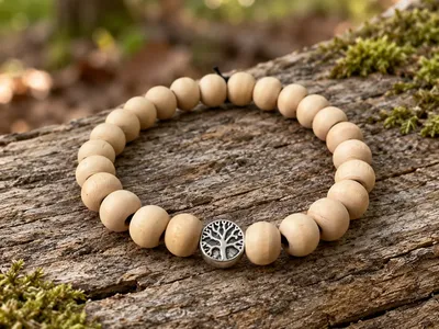Vorschau: Armband mit Lebensbaum aus Holzperlen auf einem bemoosten Baumstamm im Wald