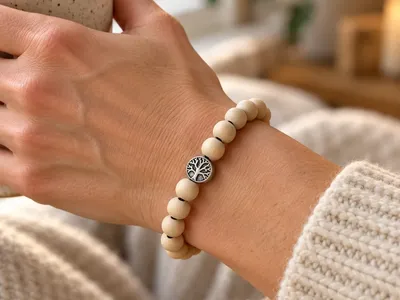 Vorschau: Holzperlen-Armband mit Lebensbaum am Handgelenk, Hand an einer Teetasse