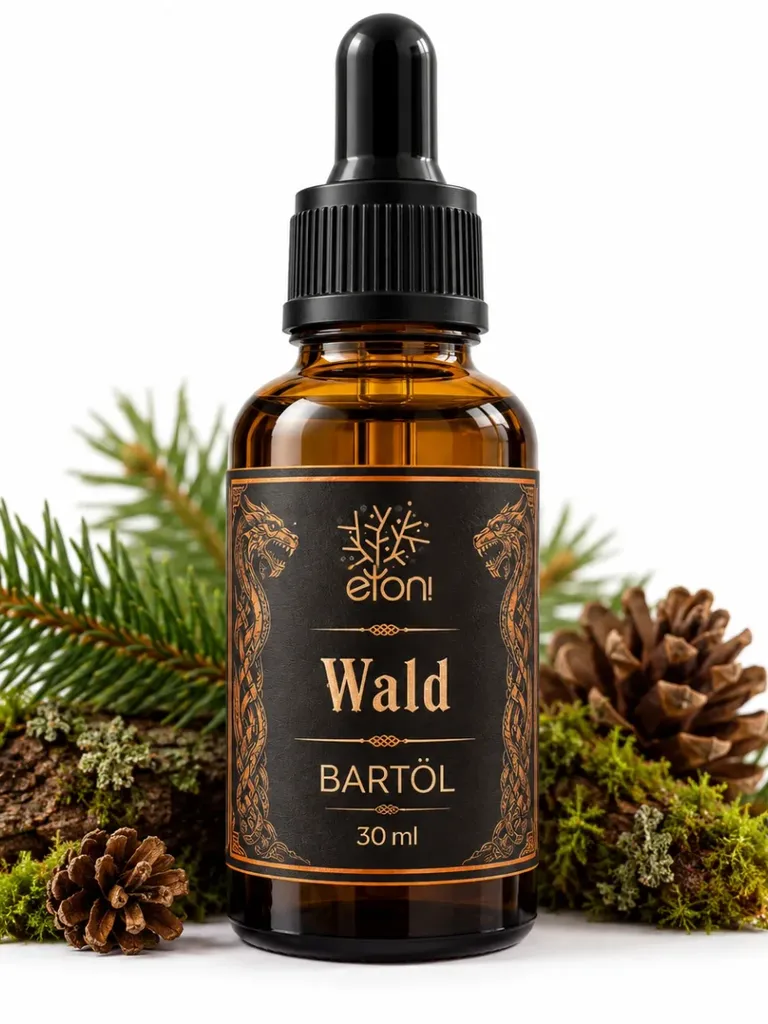 Bartöl „Nordic Care“ (30 ml), hier im Duft Wald – Braunglasflasche mit Pipette zwischen Tannenzweigen, Moos und Zapfen