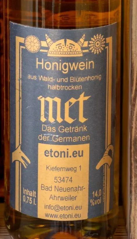Etikett des halbtrockenen Mets: Honigwein aus Wald- und Blütenhonig, 0,75 l, 14,0 % vol, etoni.eu