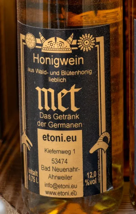 Etikett des lieblichen Mets: Honigwein aus Wald- und Blütenhonig, 0,75 l, 12,0 % vol, etoni.eu