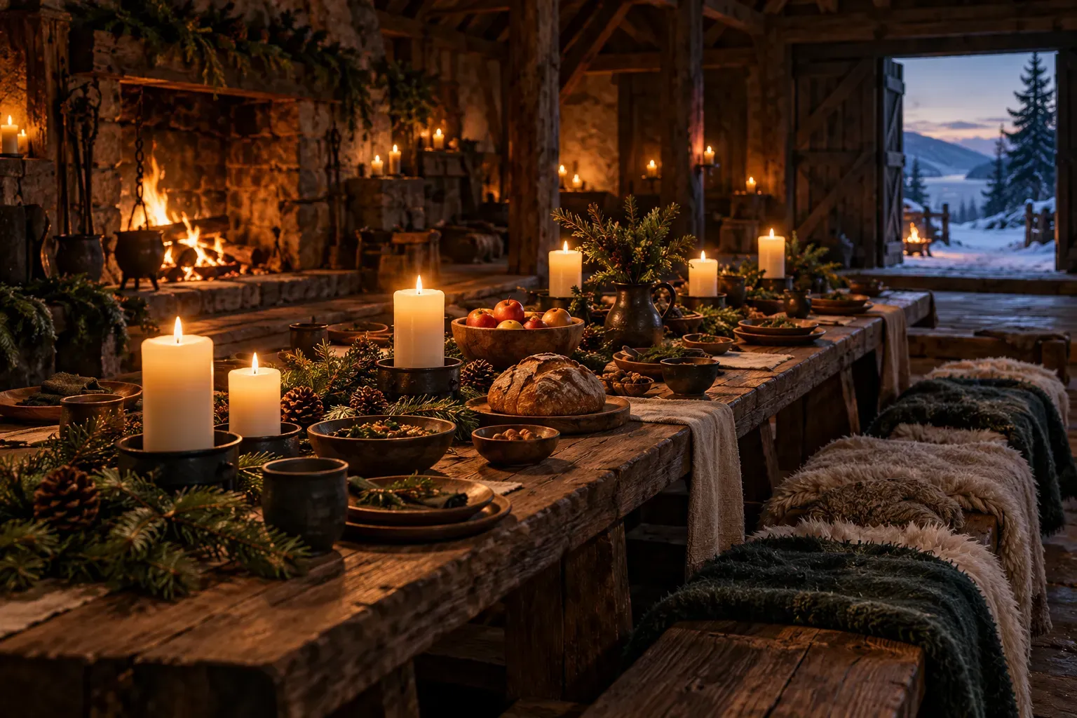 Lange Festtafel in einer Holzhalle mit Kerzen, Tannengrün, Brot und Äpfeln, im Hintergrund Feuer und draußen Schnee