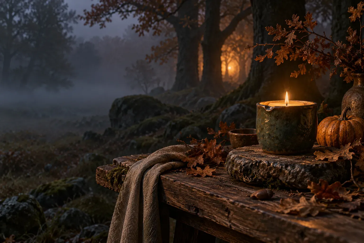 Brennende Kerze auf einem alten Holztisch im nebligen Herbstwald, daneben Eichenlaub und ein kleiner Kürbis