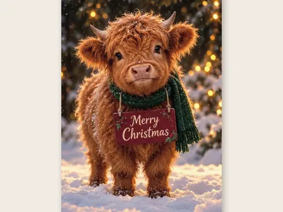 Vorschau: Weihnachtskarte „Highland-Kälbchen im Winterwald“ von etoni, Vorderseite: Highland-Kälbchen mit grünem Strickschal und „Merry Christmas“-Schild im verschneiten Wald mit warmen Lichtern