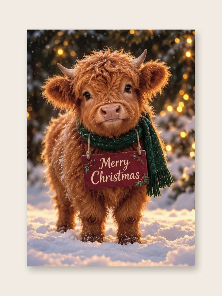 Weihnachtskarte „Highland-Kälbchen im Winterwald“ von etoni, Vorderseite: Highland-Kälbchen mit grünem Strickschal und „Merry Christmas“-Schild im verschneiten Wald mit warmen Lichtern