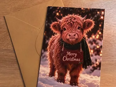 Vorschau: Klappkarte „Highland-Kälbchen im Winterwald“ mit Umschlag aus Kraftpapier auf einem Holztisch