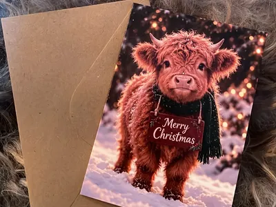 Vorschau: Klappkarte „Highland-Kälbchen im Winterwald“ mit Kraftpapier-Umschlag auf einem hellen Fell