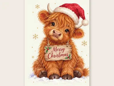 Vorschau: Weihnachtskarte „Highland-Kälbchen mit Mütze“ von etoni, Vorderseite: flauschiges Highland-Kälbchen mit Weihnachtsmütze und „Merry Christmas“-Schild auf hellem Grund