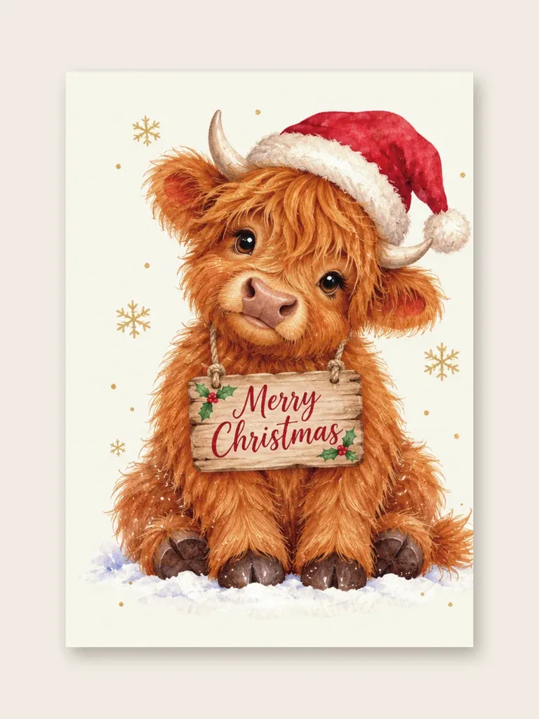 Weihnachtskarte „Highland-Kälbchen mit Mütze“ von etoni, Vorderseite: flauschiges Highland-Kälbchen mit Weihnachtsmütze und „Merry Christmas“-Schild auf hellem Grund