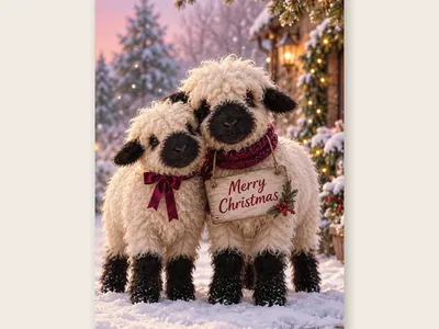 Vorschau: Weihnachtskarte „Schäfchen im Schnee“ von etoni, Vorderseite: zwei aneinandergekuschelte Schäfchen mit schwarzen Nasen im verschneiten Garten bei Abendrot, mit „Merry Christmas“-Schild