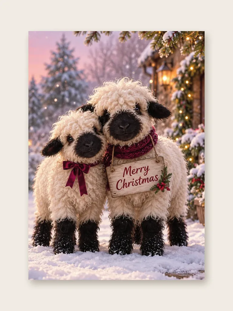 Weihnachtskarte „Schäfchen im Schnee“ von etoni, Vorderseite: zwei aneinandergekuschelte Schäfchen mit schwarzen Nasen im verschneiten Garten bei Abendrot, mit „Merry Christmas“-Schild