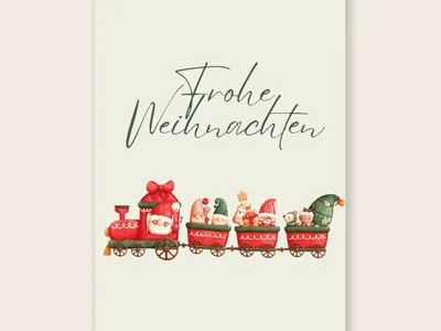 Vorschau: Weihnachtskarte „Weihnachtszug“ von etoni, Vorderseite: rote Spielzeug-Eisenbahn voller Päckchen, rote Schleife und „Frohe Weihnachten“ in geschwungener Schrift