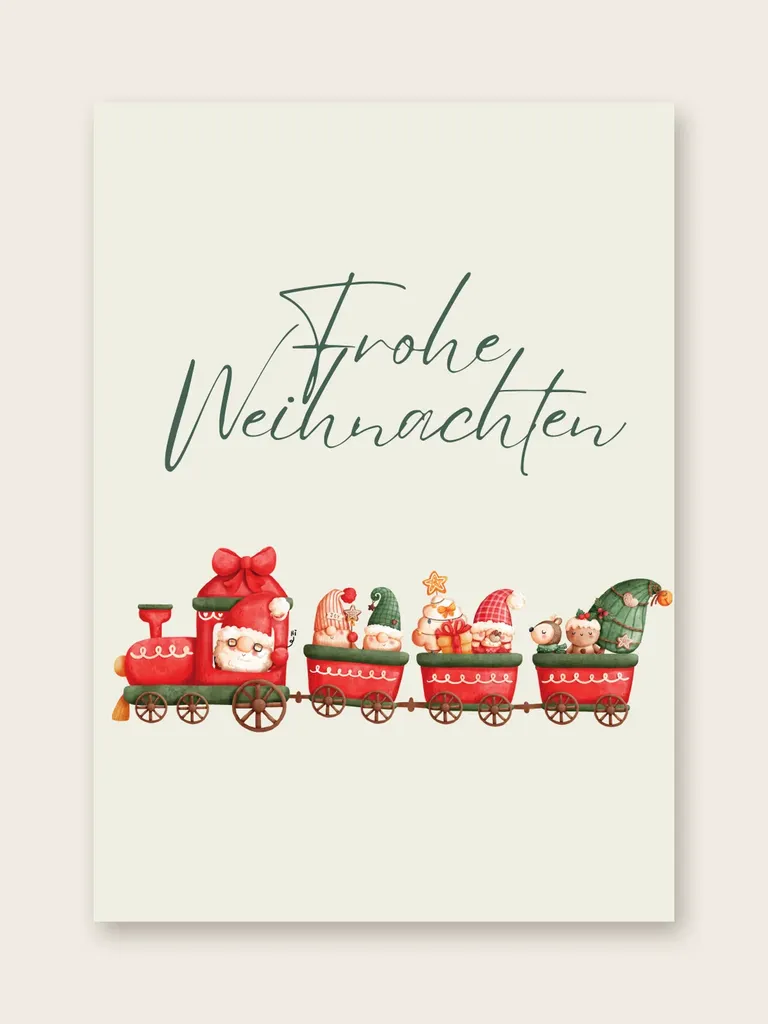 Weihnachtskarte „Weihnachtszug“ von etoni, Vorderseite: rote Spielzeug-Eisenbahn voller Päckchen, rote Schleife und „Frohe Weihnachten“ in geschwungener Schrift