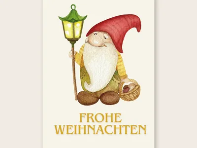 Vorschau: Weihnachtskarte „Wichtel mit Laterne“ von etoni, Vorderseite: Wichtel mit roter Zipfelmütze, Laterne und Pilzkorb im Aquarell-Stil, darunter „Frohe Weihnachten“ in Gold