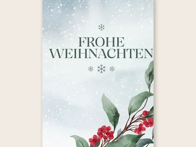 Vorschau: Weihnachtskarte „Winterbeeren“ von etoni, Vorderseite: Zweige mit roten Winterbeeren, Schneegestöber und „Frohe Weihnachten“ in klassischer Schrift